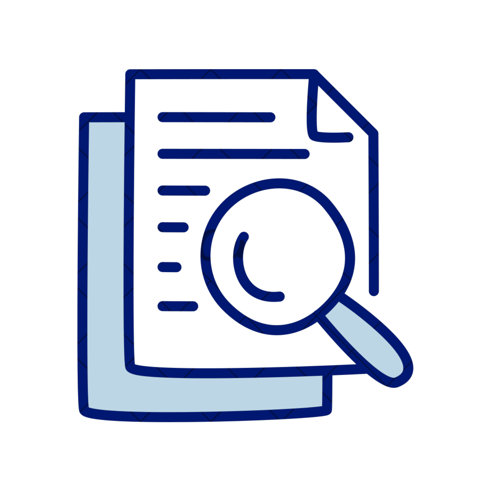 Simple graphic of magnifying glass examining papers to signify reviewing research publications.